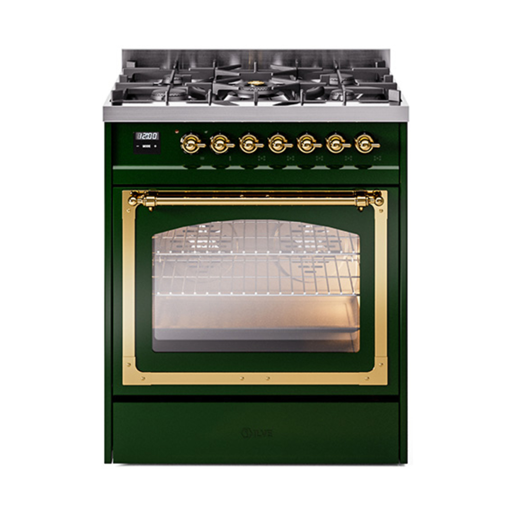 ILVE UN30NMPEGGLP Nostalgie II Noblesse 30" Dual Fuel Range  (Liquid Propane, Triple Glass Door, Emerald Green, Brass)