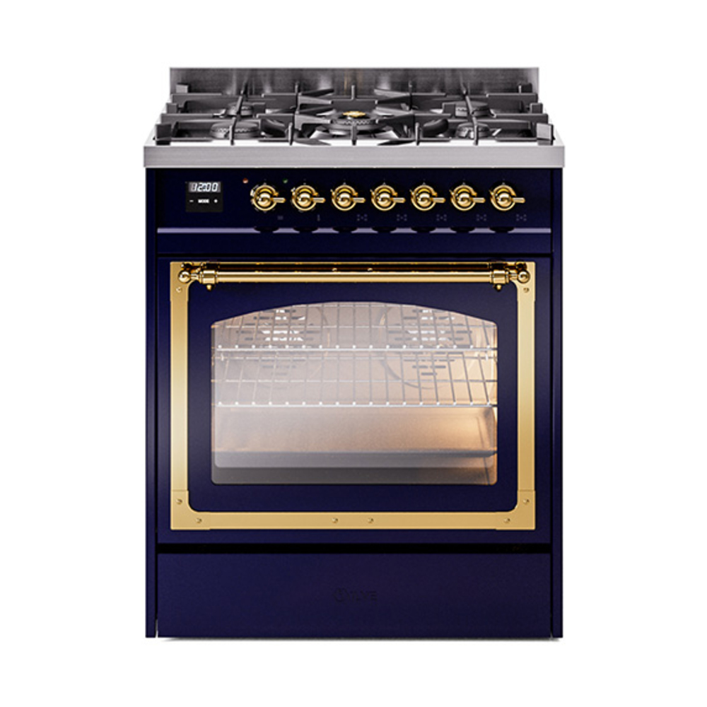 ILVE UN30NMPMBGLP Nostalgie II Noblesse 30" Dual Fuel Range  (Liquid Propane, Triple Glass Door, Midnight Blue, Brass)