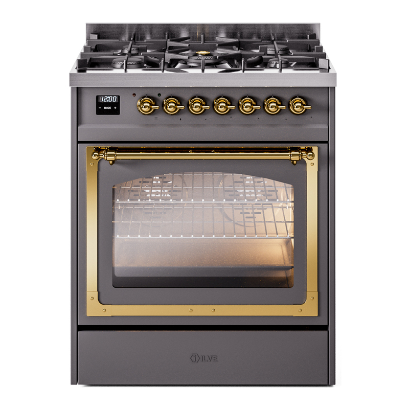 ILVE UN30NMPMGGLP Nostalgie II Noblesse 30" Dual Fuel Range  (Liquid Propane, Triple Glass Door, Graphite Matte, Brass)