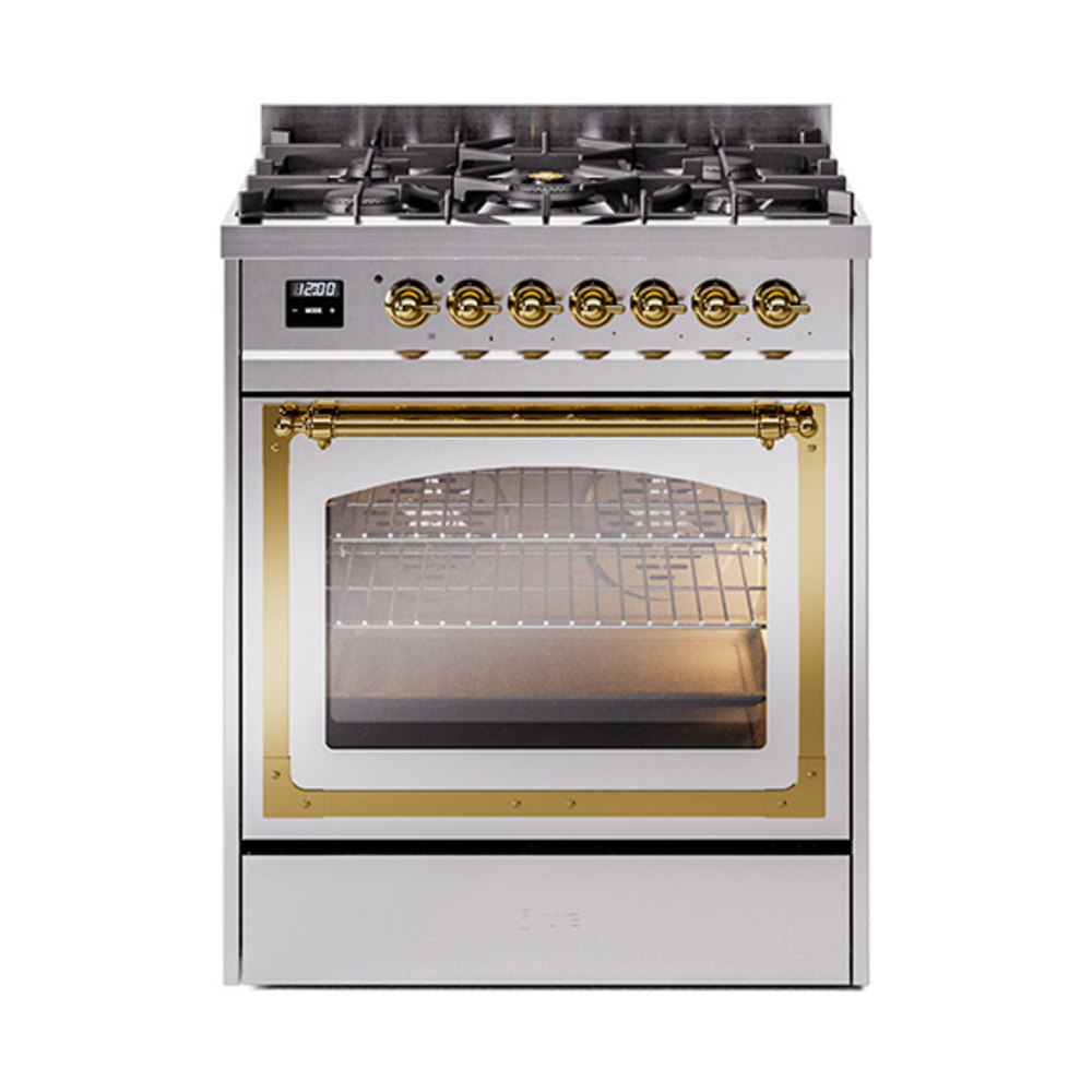 ILVE UN30NMPSSGLP Nostalgie II Noblesse 30" Dual Fuel Range  (Liquid Propane, Triple Glass Door, Stainless Steel, Brass)