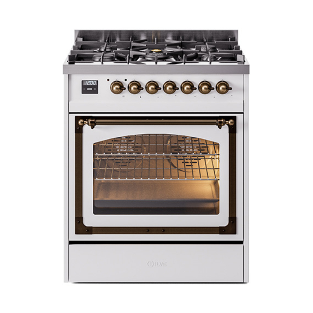 ILVE UN30NMPWHBLP Nostalgie II Noblesse 30" Dual Fuel Range  (Liquid Propane, Triple Glass Door, White, Burnished)