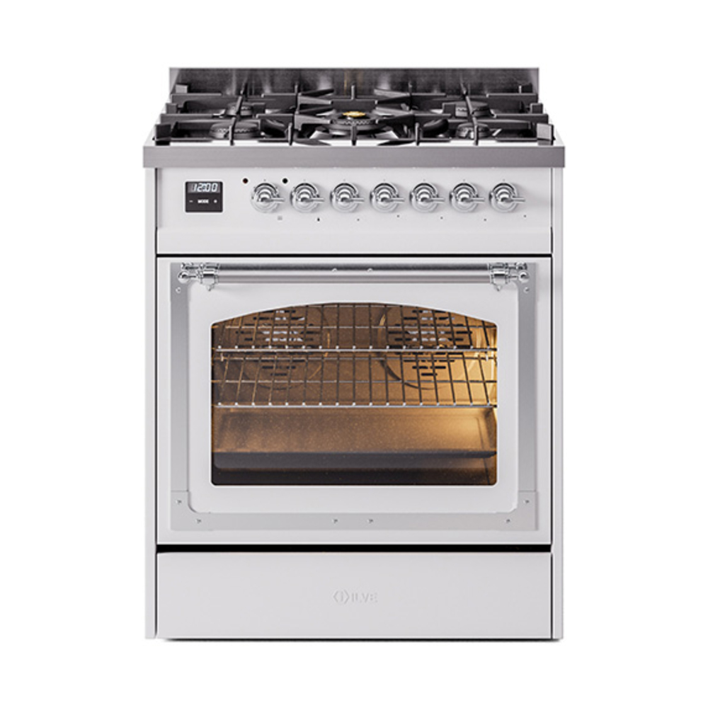 ILVE UN30NMPWHCLP Nostalgie II Noblesse 30" Dual Fuel Range  (Liquid Propane, Triple Glass Door, White, Chrome)