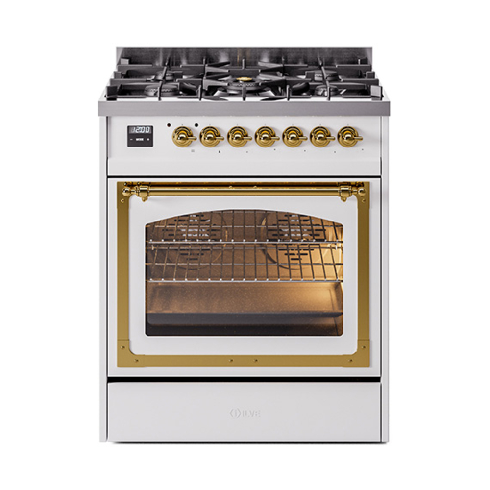 ILVE UN30NMPWHGLP Nostalgie II Noblesse 30" Dual Fuel Range  (Liquid Propane, Triple Glass Door, White, Brass)