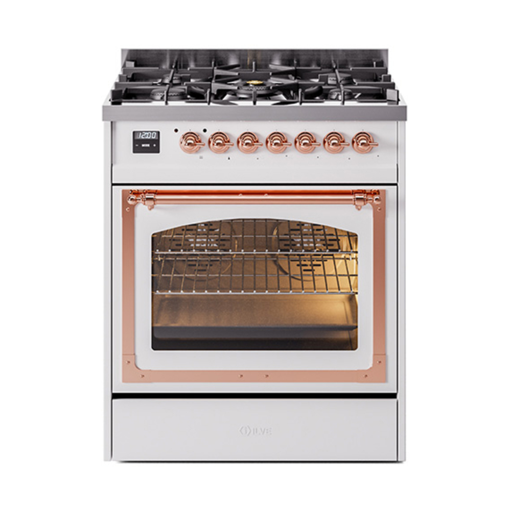 ILVE UN30NMPWHPLP Nostalgie II Noblesse 30" Dual Fuel Range  (Liquid Propane, Triple Glass Door, White, Copper)