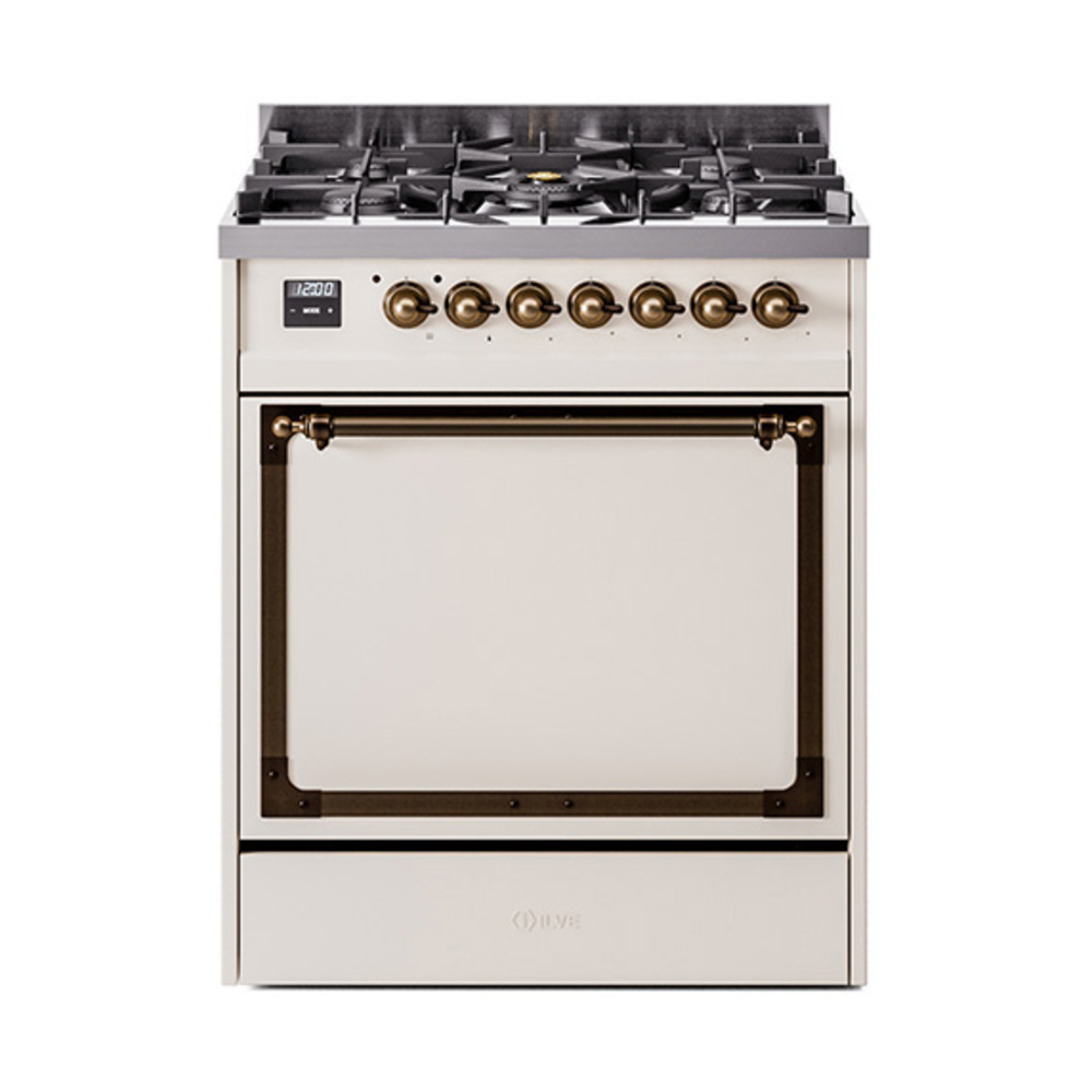 ILVE UN30QNMPAWBLP Nostalgie II Noblesse 30" Dual Fuel Range  (Liquid Propane, Solid Door, Antique White, Bronze)