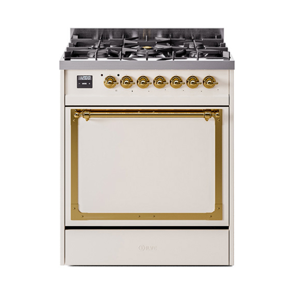 ILVE UN30QNMPAWGLP Nostalgie II Noblesse 30" Dual Fuel Range  (Liquid Propane, Solid Door, Antique White, Brass)