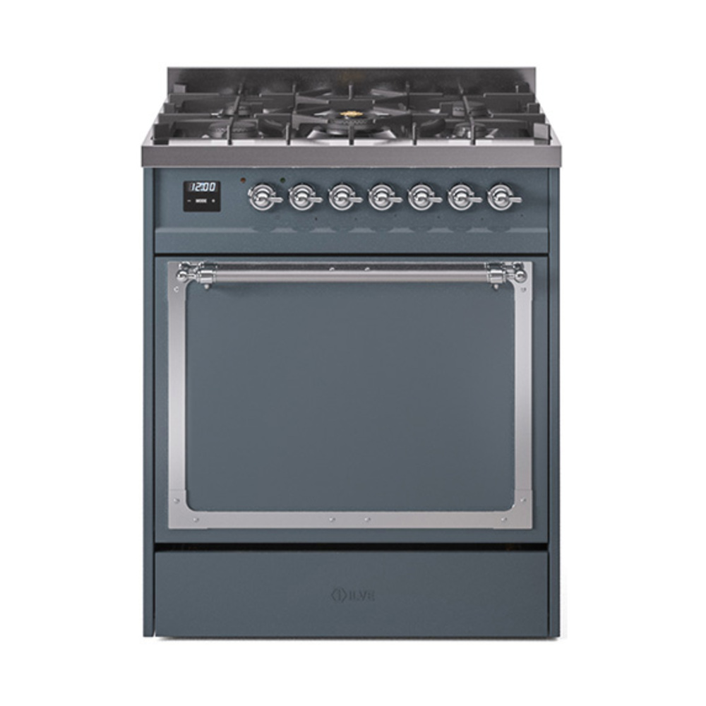 ILVE UN30QNMPBGCLP Nostalgie II Noblesse 30" Dual Fuel Range  (Liquid Propane, Solid Door, Blue Grey, Chrome)