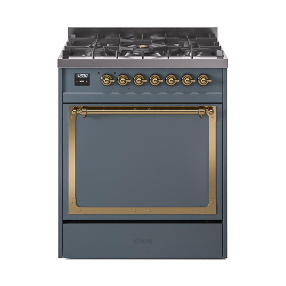 ILVE UN30QNMPBGGLP Nostalgie II Noblesse 30" Dual Fuel Range  (Liquid Propane, Solid Door, Blue Grey, Brass)