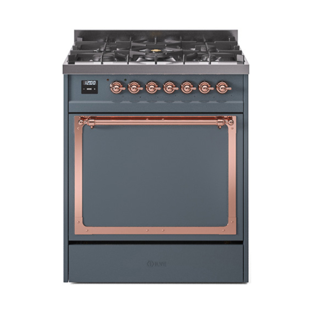 ILVE UN30QNMPBGPLP Nostalgie II Noblesse 30" Dual Fuel Range  (Liquid Propane, Solid Door, Blue Grey, Copper)