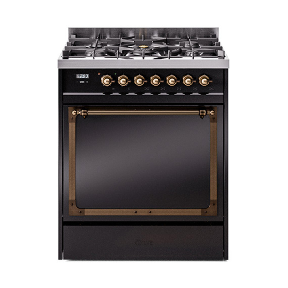 ILVE UN30QNMPBKBLP Nostalgie II Noblesse 30" Dual Fuel Range  (Liquid Propane, Solid Door, Glossy Black, Bronze)