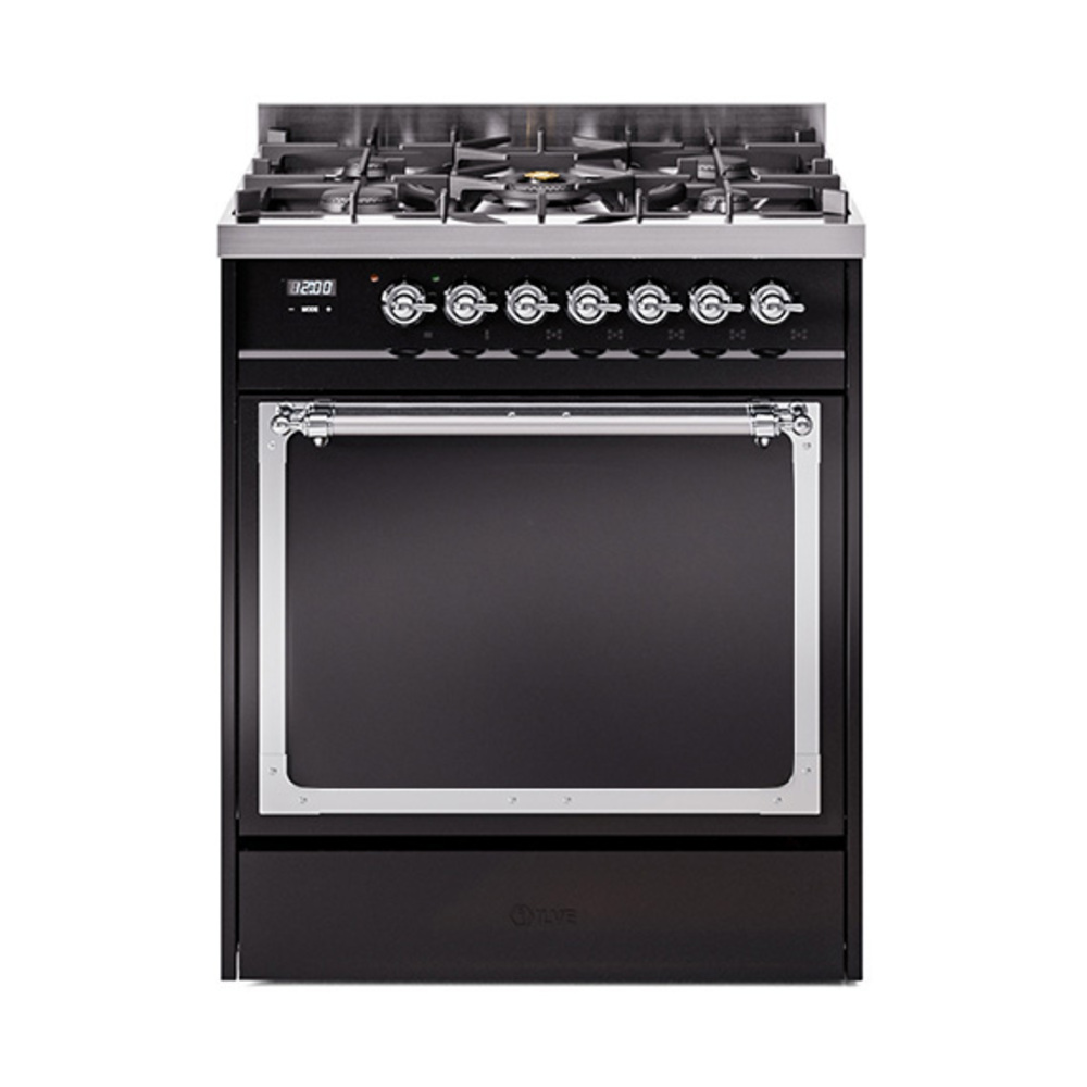 ILVE UN30QNMPBKCLP Nostalgie II Noblesse 30" Dual Fuel Range  (Liquid Propane, Solid Door, Glossy Black, Chrome)