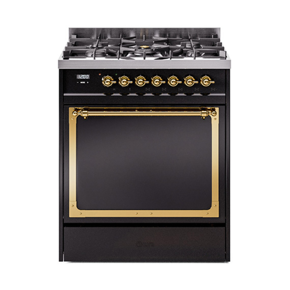 ILVE UN30QNMPBKGLP Nostalgie II Noblesse 30" Dual Fuel Range  (Liquid Propane, Solid Door, Glossy Black, Brass)