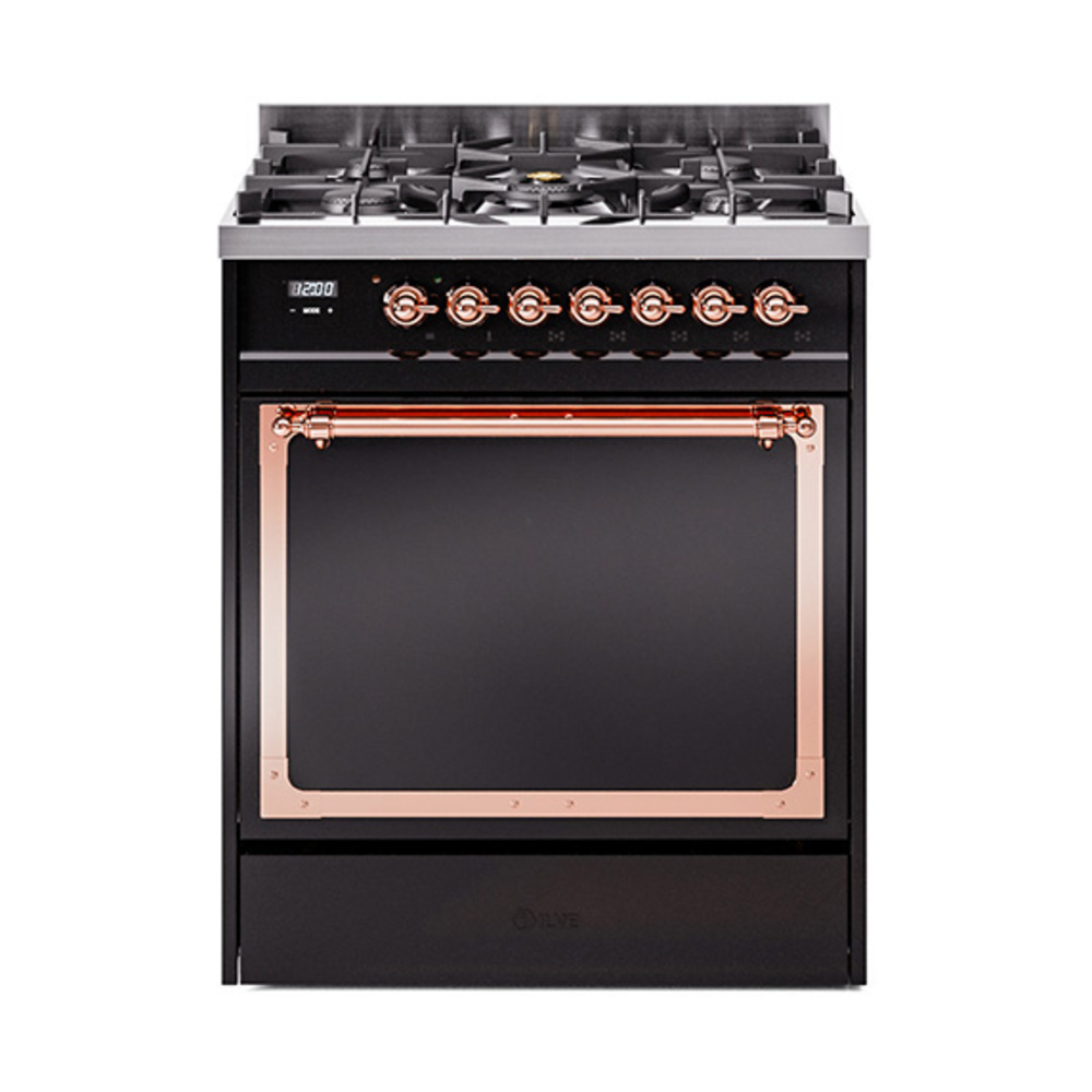 ILVE UN30QNMPBKPLP Nostalgie II Noblesse 30" Dual Fuel Range  (Liquid Propane, Solid Door, Glossy Black, Copper)