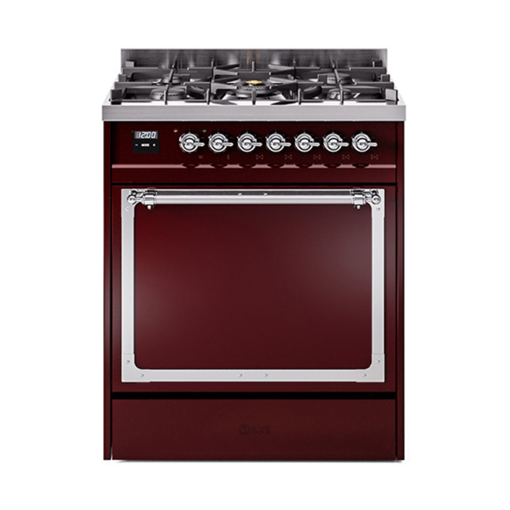 ILVE UN30QNMPBUCLP Nostalgie II Noblesse 30" Dual Fuel Range  (Liquid Propane, Solid Door, Burgundy, Chrome)