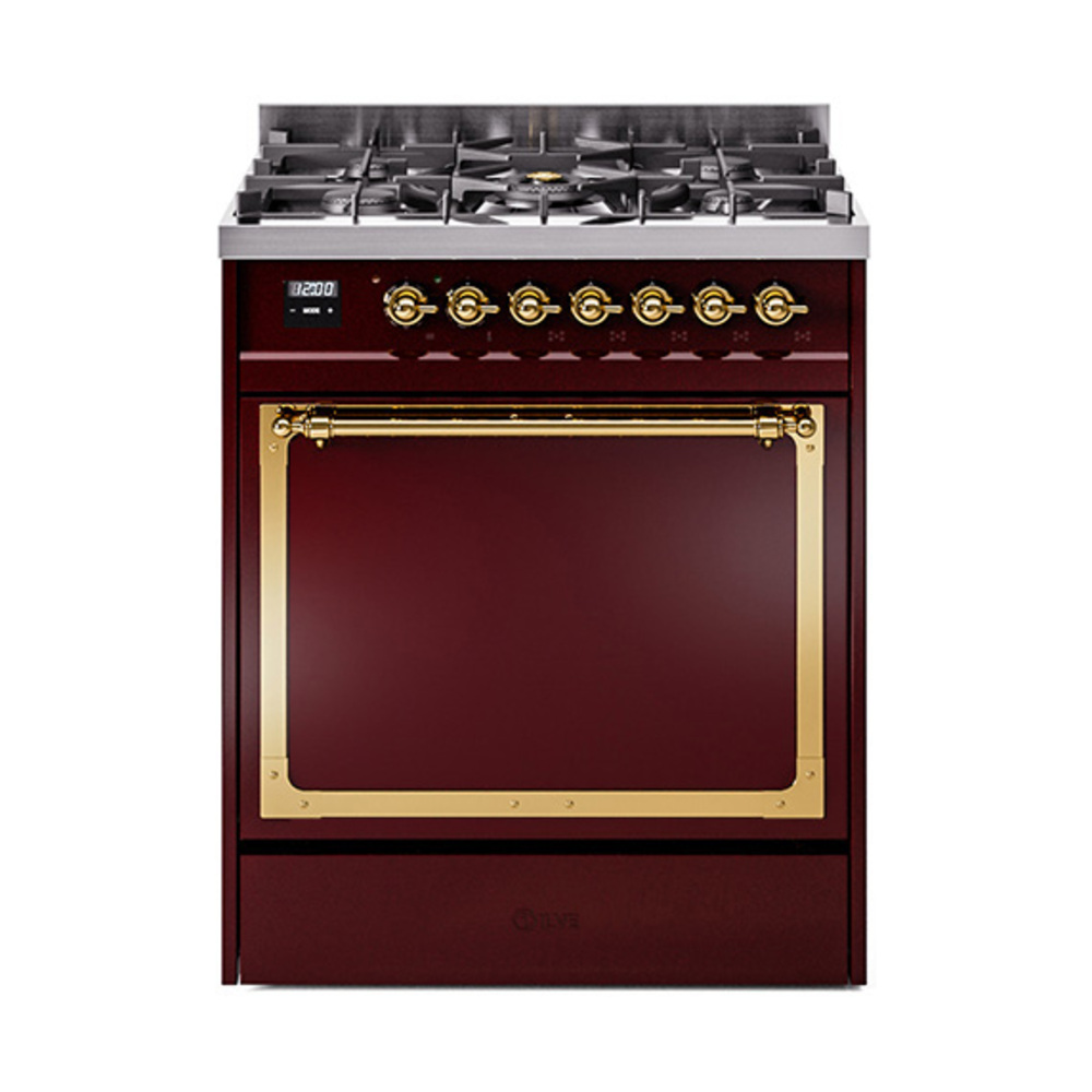 ILVE UN30QNMPBUGLP Nostalgie II Noblesse 30" Dual Fuel Range  (Liquid Propane, Solid Door, Burgundy, Brass)