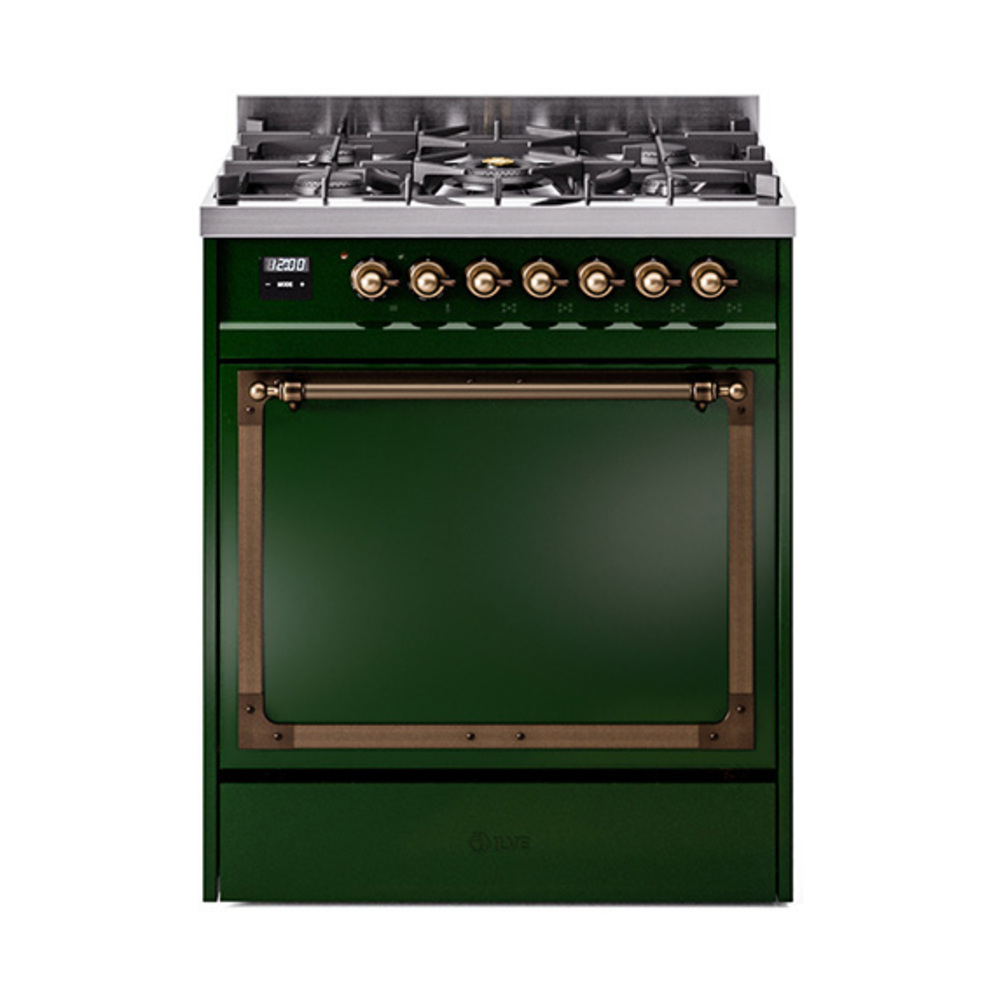 ILVE UN30QNMPEGBLP Nostalgie II Noblesse 30" Dual Fuel Range  (Liquid Propane, Solid Door, Emerald Green, Burnished)