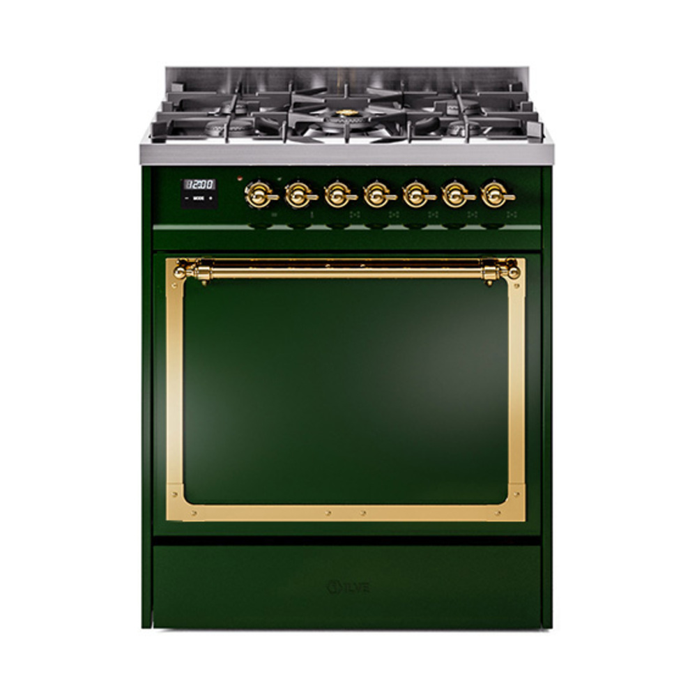 ILVE UN30QNMPEGGLP Nostalgie II Noblesse 30" Dual Fuel Range  (Liquid Propane, Solid Door, Emerald Green, Brass)