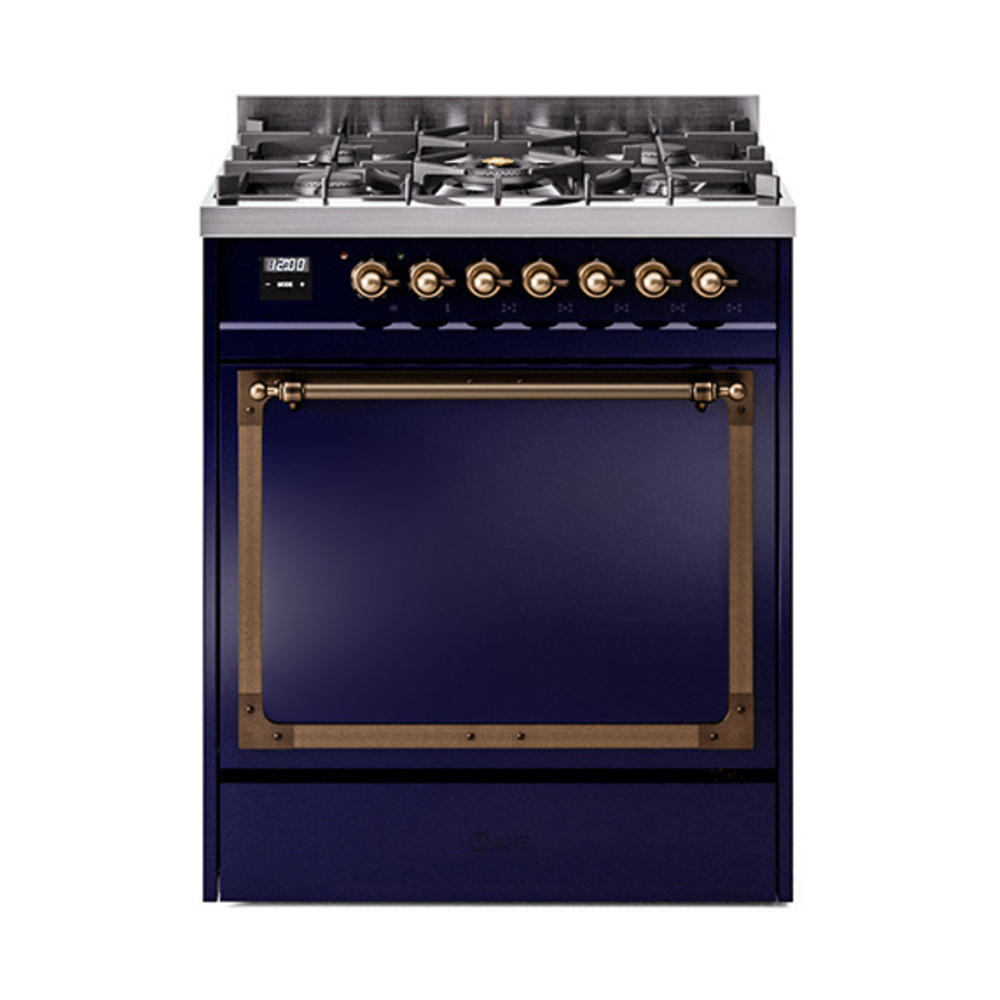 ILVE UN30QNMPMBBLP Nostalgie II Noblesse 30" Dual Fuel Range  (Liquid Propane, Solid Door, Midnight Blue, Burnished)