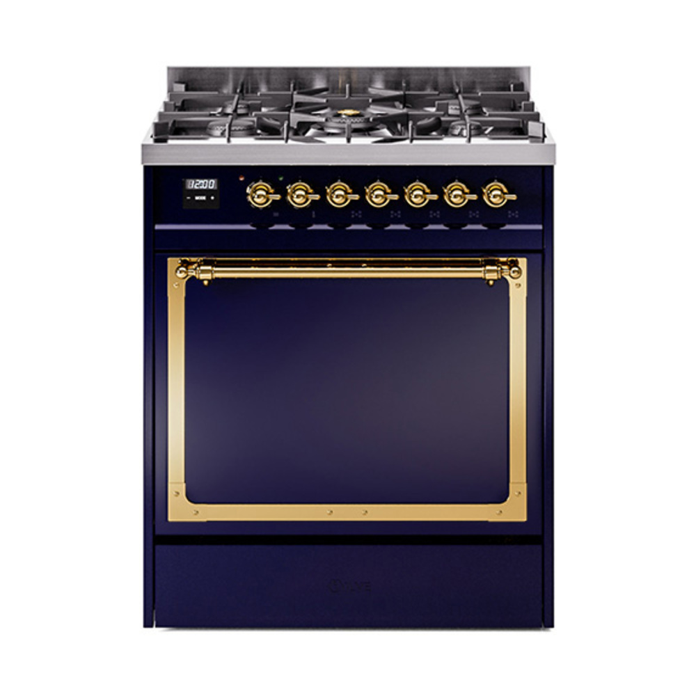 ILVE UN30QNMPMBGLP Nostalgie II Noblesse 30" Dual Fuel Range  (Liquid Propane, Solid Door, Midnight Blue, Brass)