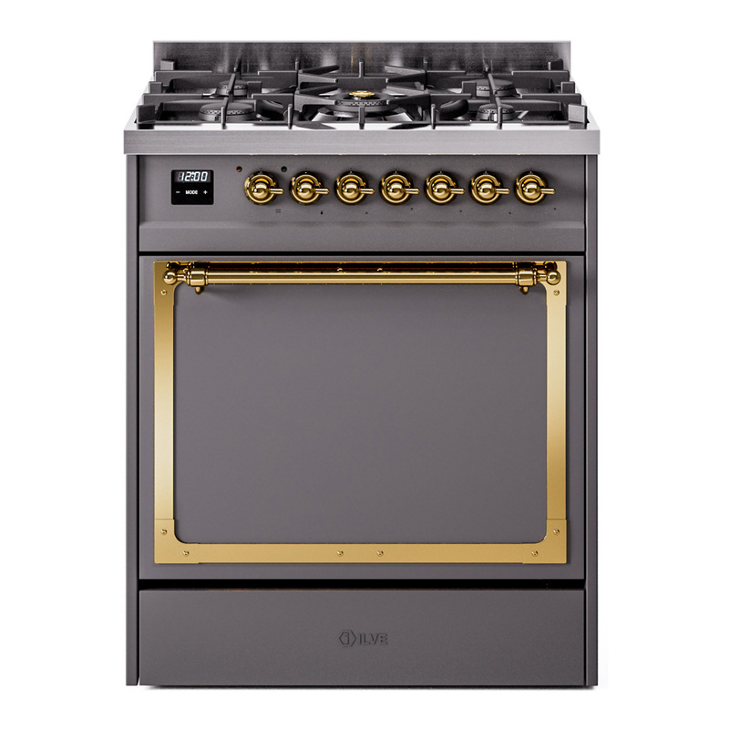 ILVE UN30QNMPMGGLP Nostalgie II Noblesse 30" Dual Fuel Range  (Liquid Propane, Solid Door, Graphite Matte, Brass)