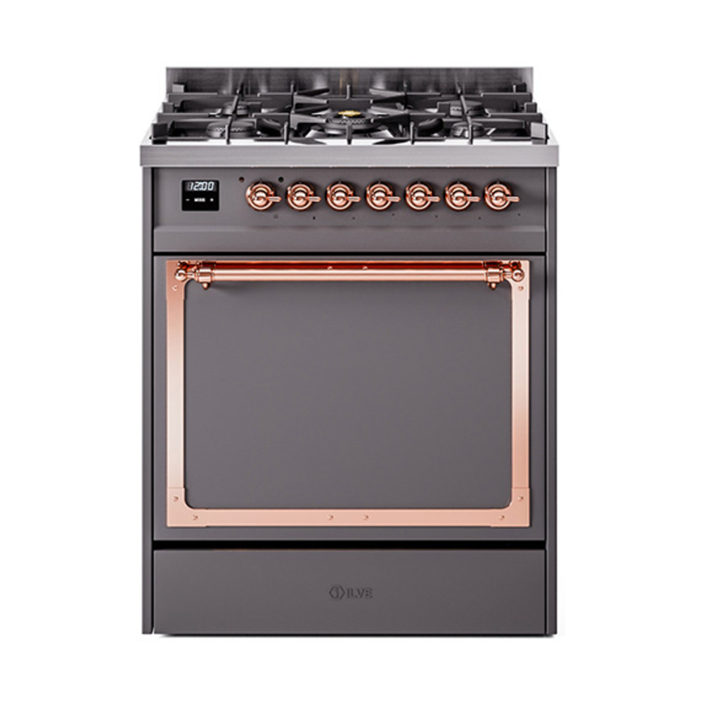 ILVE UN30QNMPMGPLP Nostalgie II Noblesse 30" Dual Fuel Range  (Liquid Propane, Solid Door, Graphite Matte, Copper)