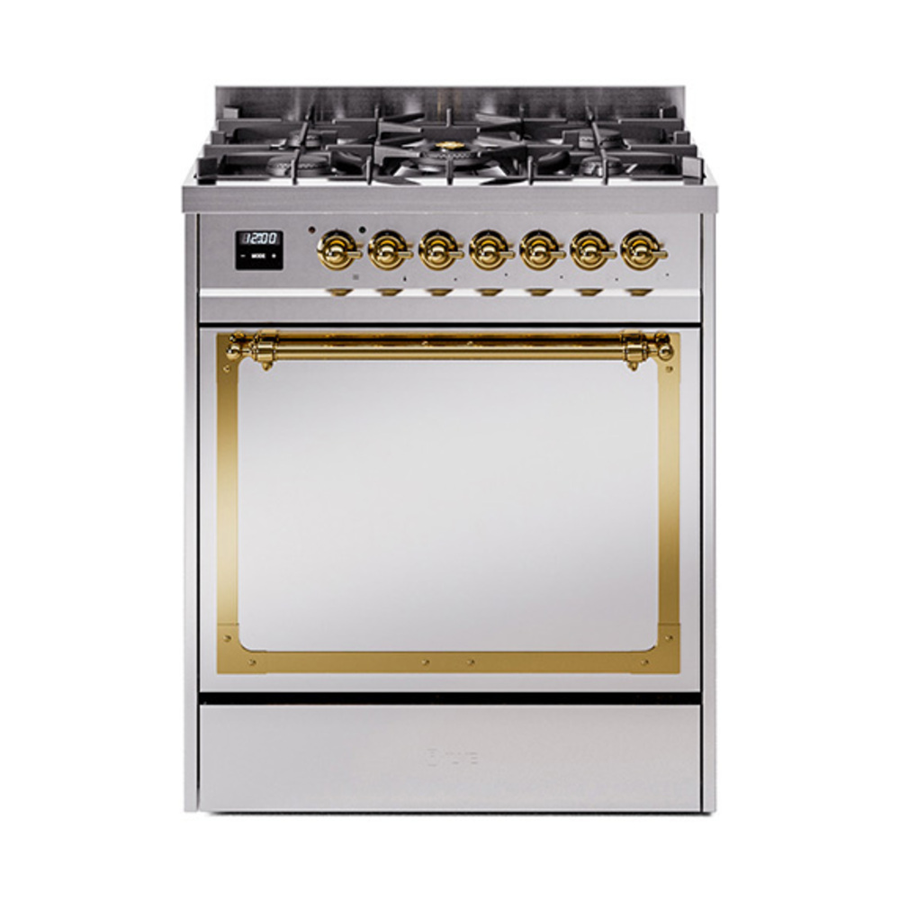 ILVE UN30QNMPSSGLP Nostalgie II Noblesse 30" Dual Fuel Range  (Liquid Propane, Solid Door, Stainless Steel, Brass)