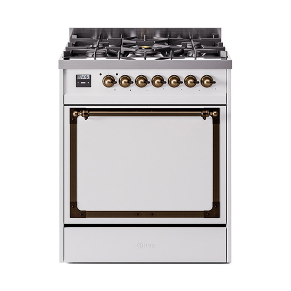 ILVE UN30QNMPWHBLP Nostalgie II Noblesse 30" Dual Fuel Range  (Liquid Propane, Solid Door, White, Bronze)