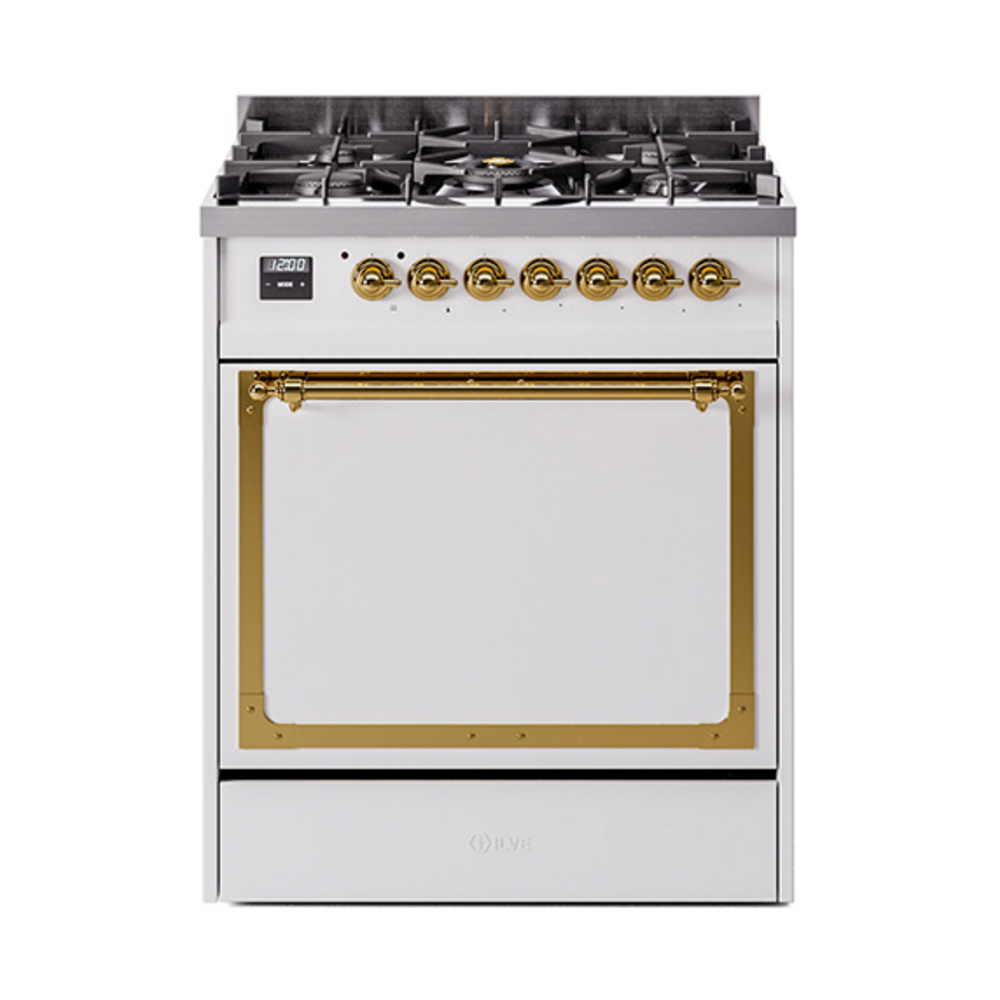 ILVE UN30QNMPWHGLP Nostalgie II Noblesse 30" Dual Fuel Range  (Liquid Propane, Solid Door, White, Brass)