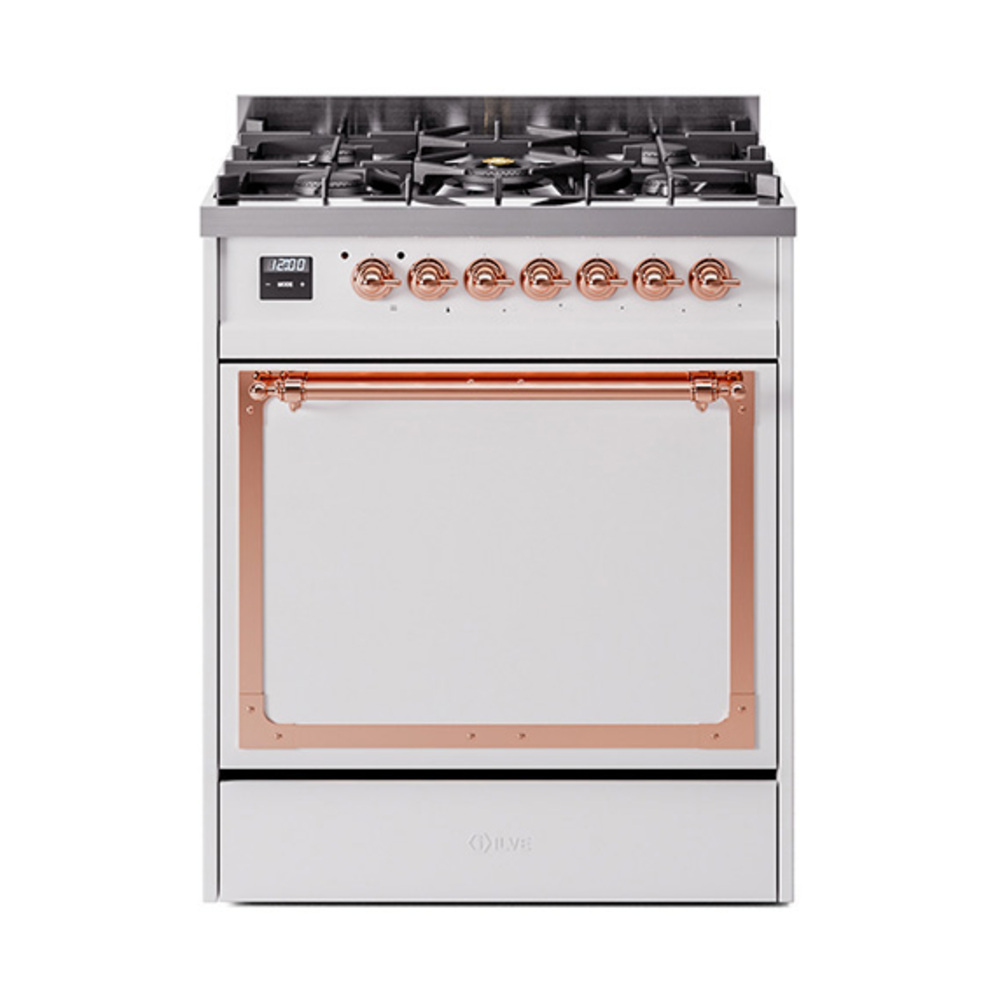 ILVE UN30QNMPWHPLP Nostalgie II Noblesse 30" Dual Fuel Range  (Liquid Propane, Solid Door, White, Copper)