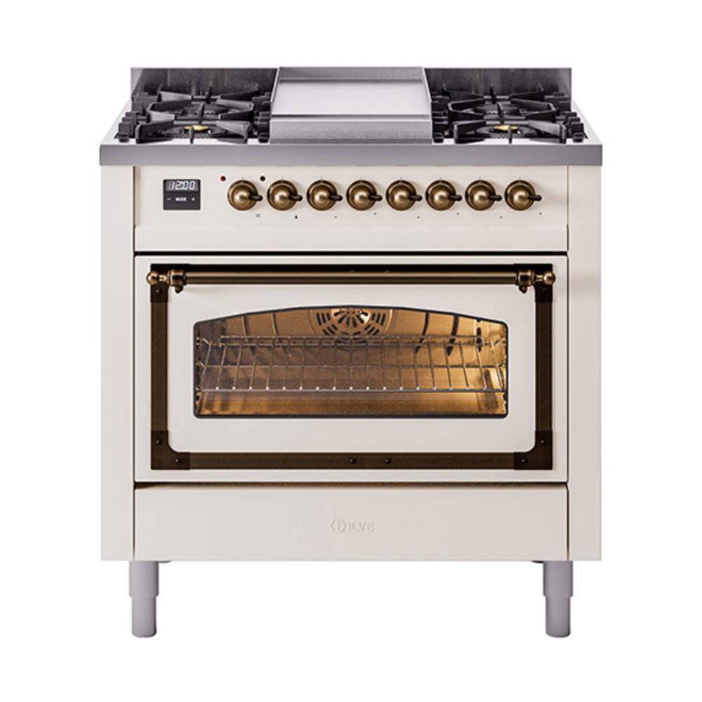 ILVE UN36FNMPAWBLP Nostalgie II Noblesse 36" Dual Fuel Range (Liquid Propane, Triple Glass Door, Antique White, Bronze)