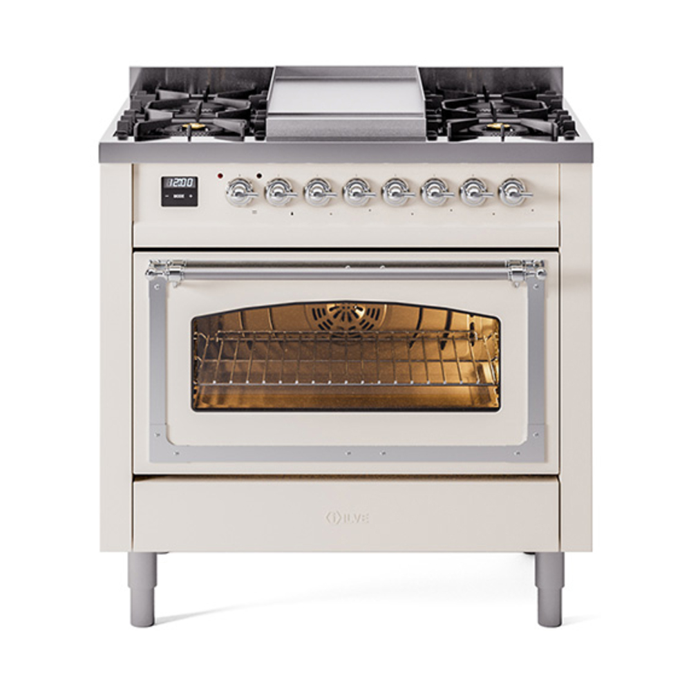 ILVE UN36FNMPAWCLP Nostalgie II Noblesse 36" Dual Fuel Range (Liquid Propane, Triple Glass Door, Antique White, Chrome)