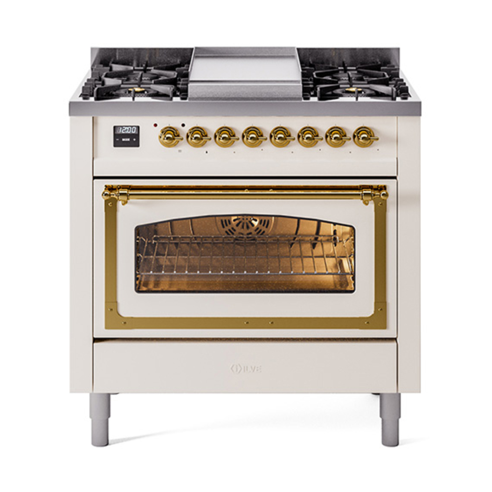 ILVE UN36FNMPAWGLP Nostalgie II Noblesse 36" Dual Fuel Range (Liquid Propane, Triple Glass Door, Antique White, Brass)