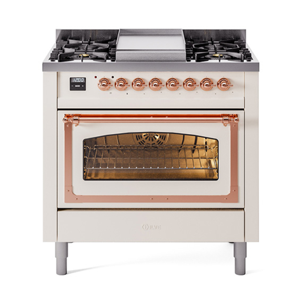 ILVE UN36FNMPAWPLP Nostalgie II Noblesse 36" Dual Fuel Range (Liquid Propane, Triple Glass Door, Antique White, Copper)