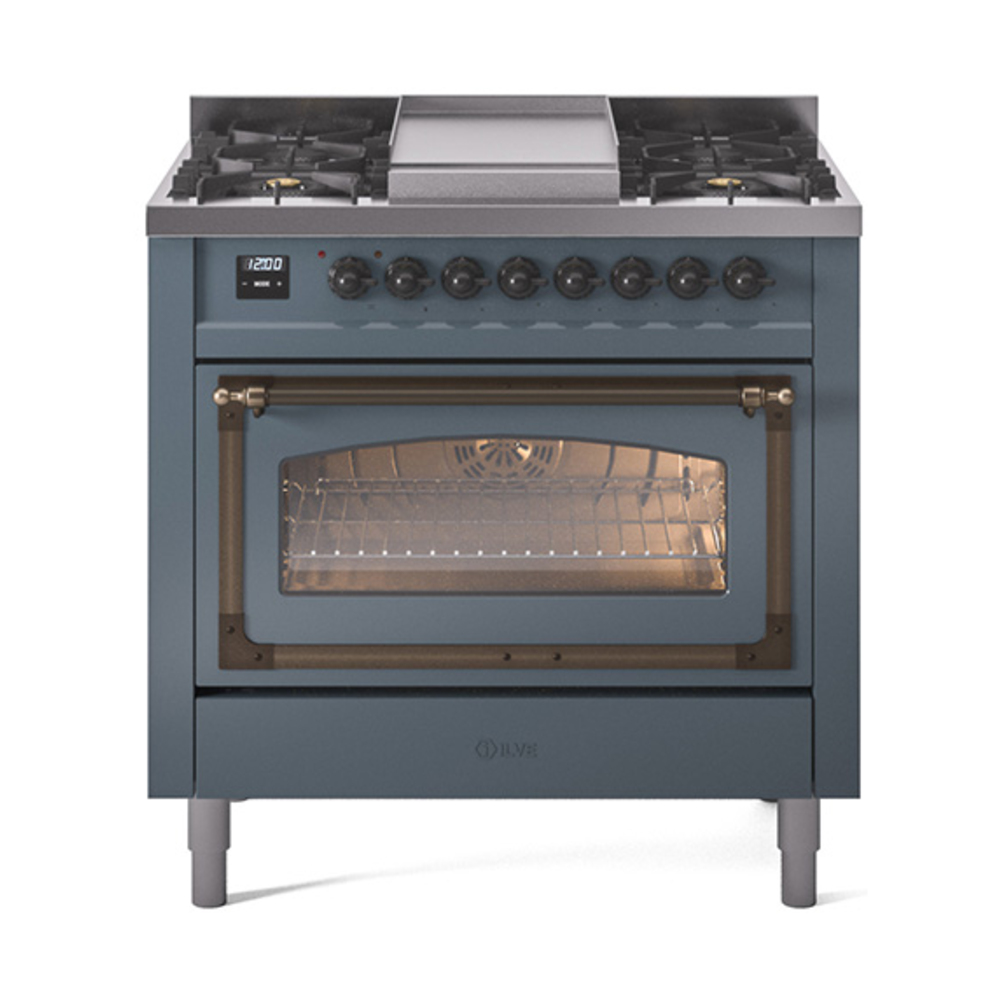 ILVE UN36FNMPBGBLP Nostalgie II Noblesse 36" Dual Fuel Range (Liquid Propane, Triple Glass Door, Blue Grey, Burnished)