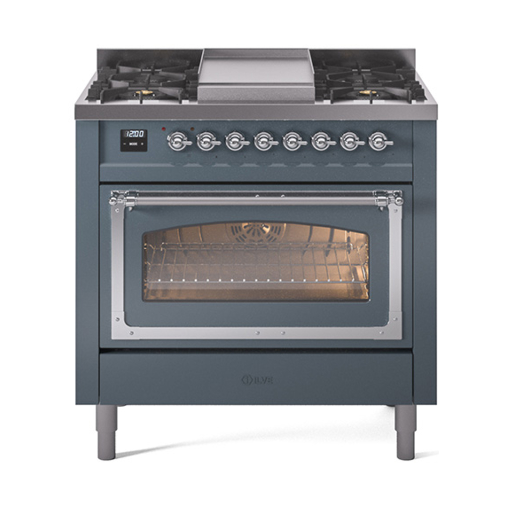 ILVE UN36FNMPBGCLP Nostalgie II Noblesse 36" Dual Fuel Range (Liquid Propane, Triple Glass Door, Blue Grey, Chrome)