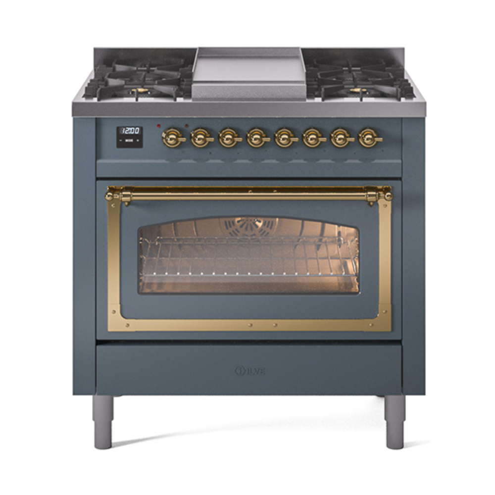 ILVE UN36FNMPBGGLP Nostalgie II Noblesse 36" Dual Fuel Range (Liquid Propane, Triple Glass Door, Blue Grey, Brass)