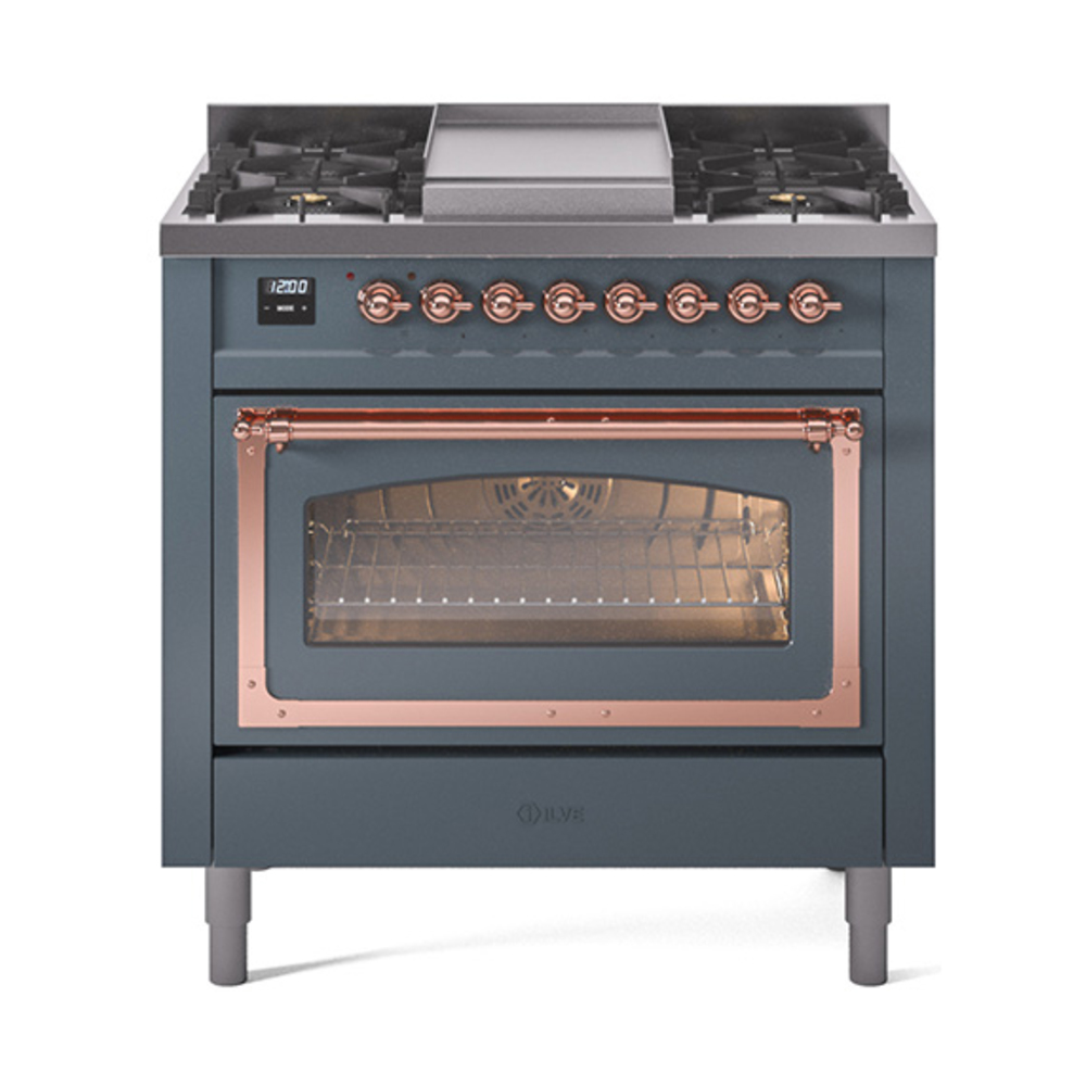 ILVE UN36FNMPBGPLP Nostalgie II Noblesse 36" Dual Fuel Range (Liquid Propane, Triple Glass Door, Blue Grey, Copper)