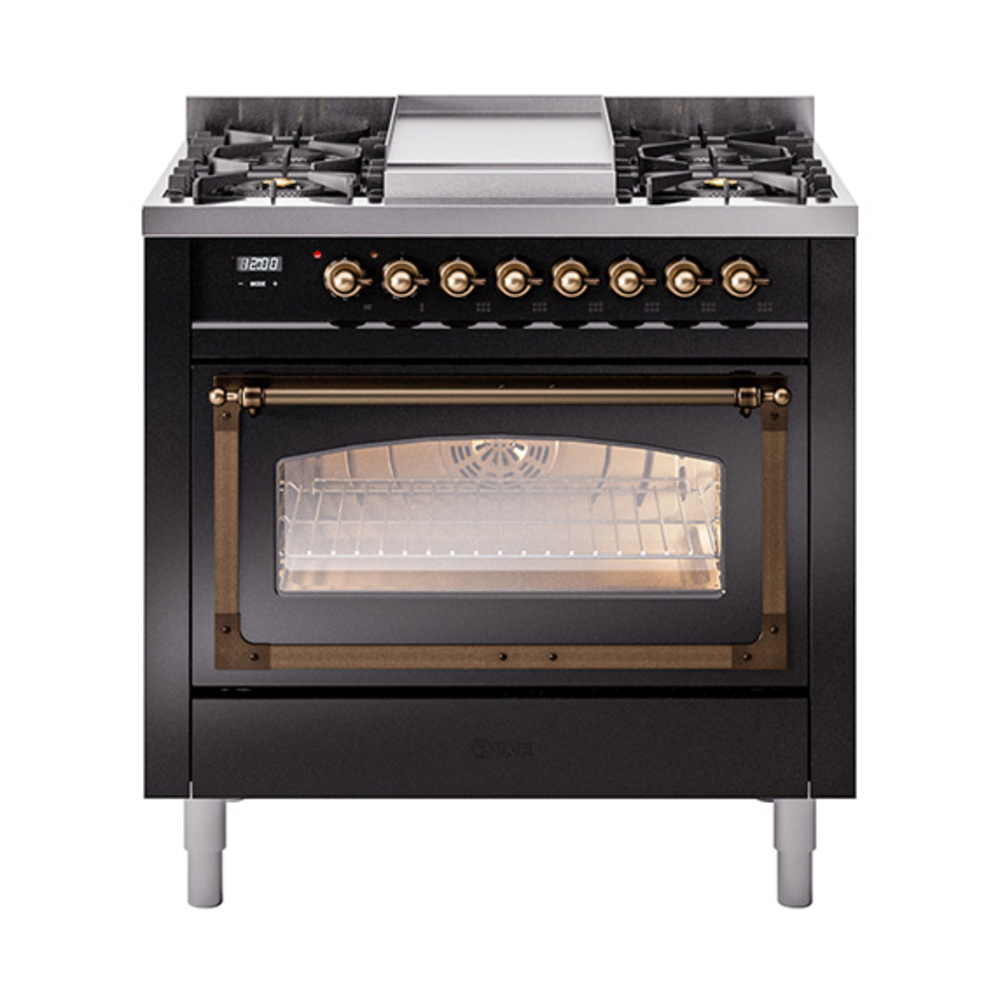 ILVE UN36FNMPBKBLP Nostalgie II Noblesse 36" Dual Fuel Range (Liquid Propane, Triple Glass Door, Glossy Black, Burnished)