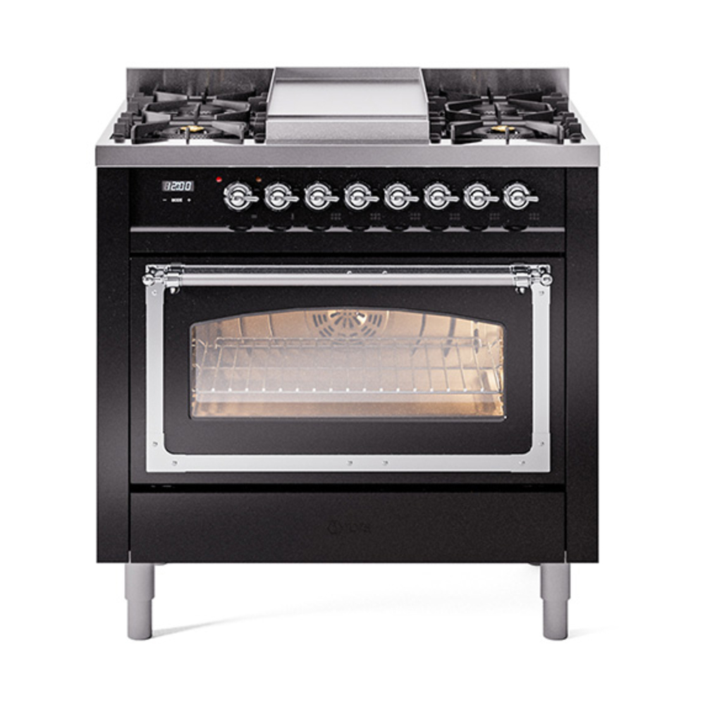 ILVE UN36FNMPBKCLP Nostalgie II Noblesse 36" Dual Fuel Range (Liquid Propane, Triple Glass Door, Glossy Black, Chrome)