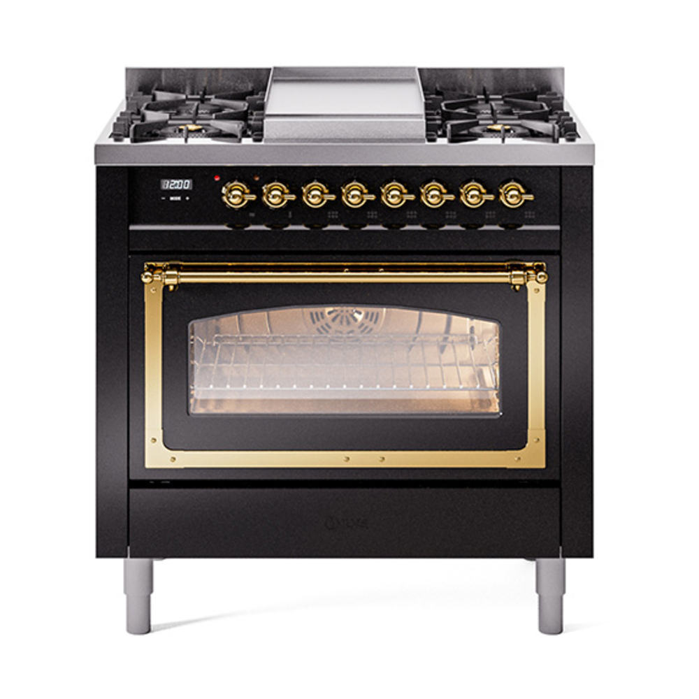 ILVE UN36FNMPBKGLP Nostalgie II Noblesse 36" Dual Fuel Range (Liquid Propane, Triple Glass Door, Glossy Black, Brass)