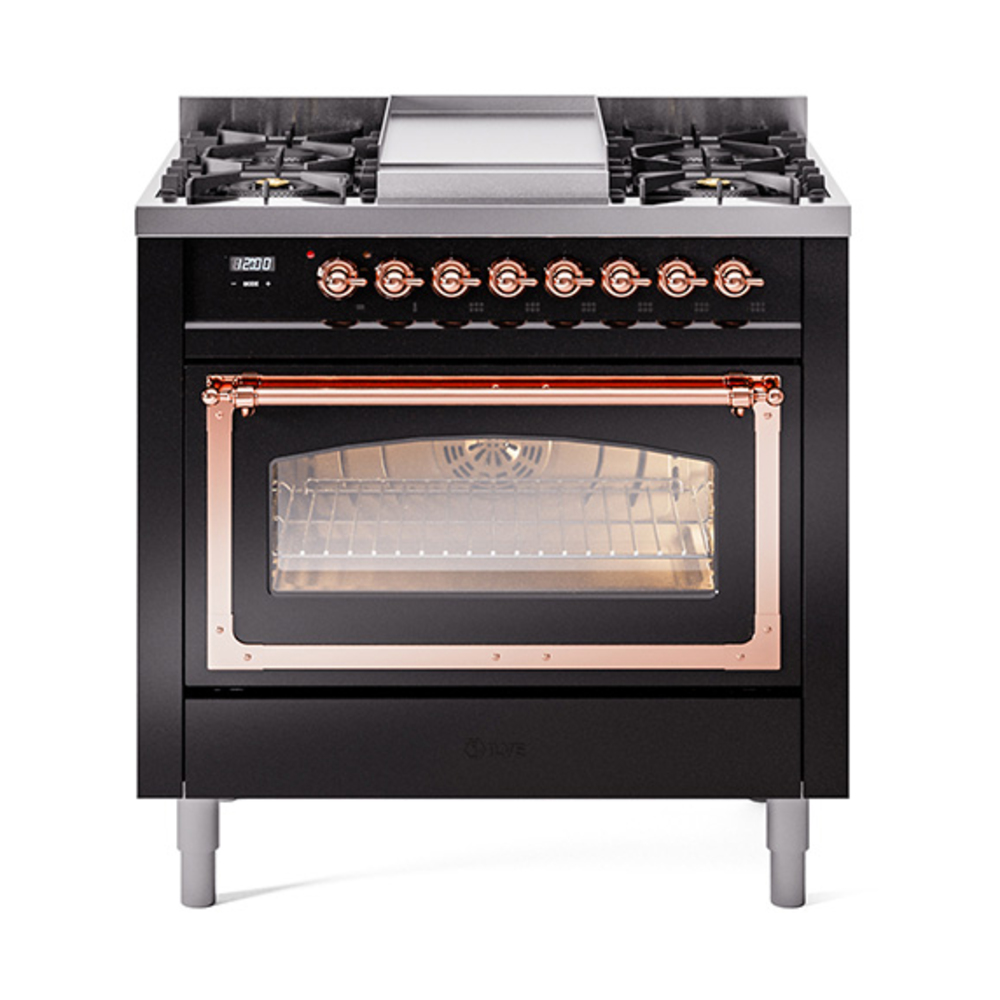 ILVE UN36FNMPBKPLP Nostalgie II Noblesse 36" Dual Fuel Range (Liquid Propane, Triple Glass Door, Glossy Black, Copper)