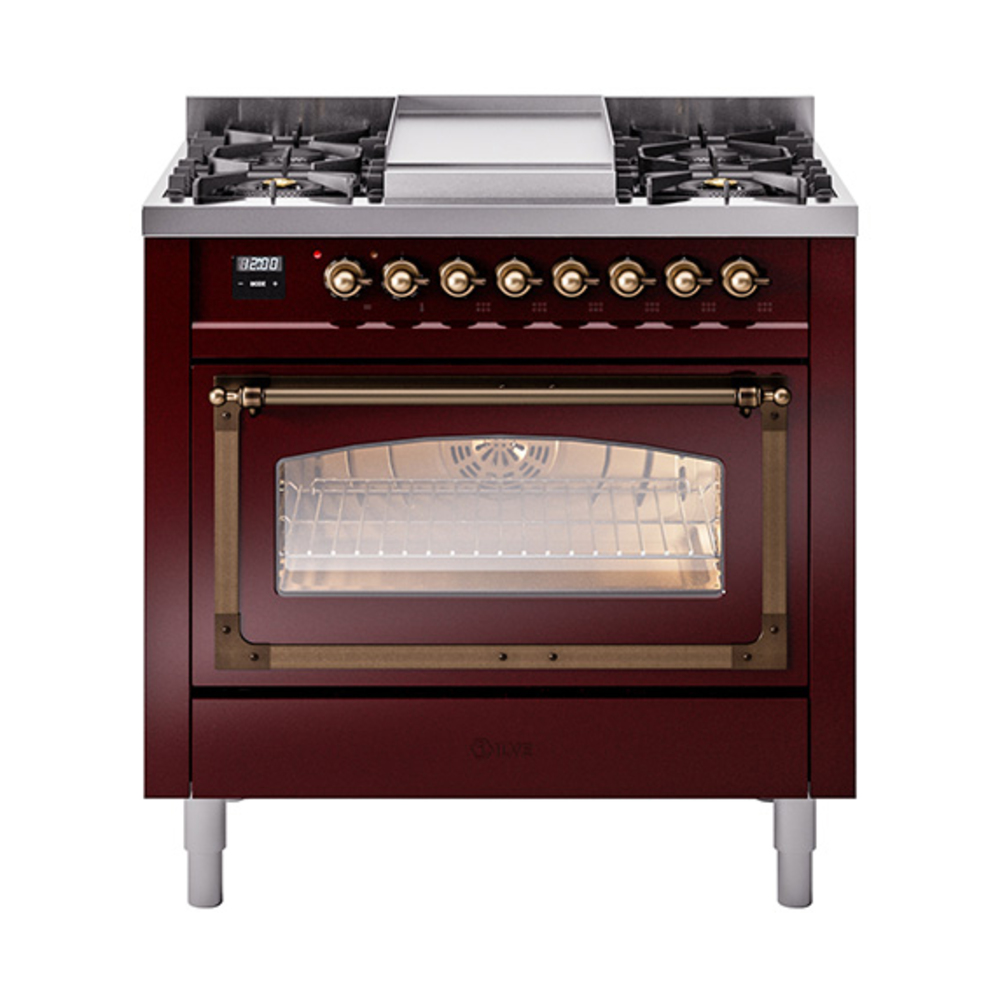 ILVE UN36FNMPBUBLP Nostalgie II Noblesse 36" Dual Fuel Range (Liquid Propane, Triple Glass Door, Burgundy, Burnished)