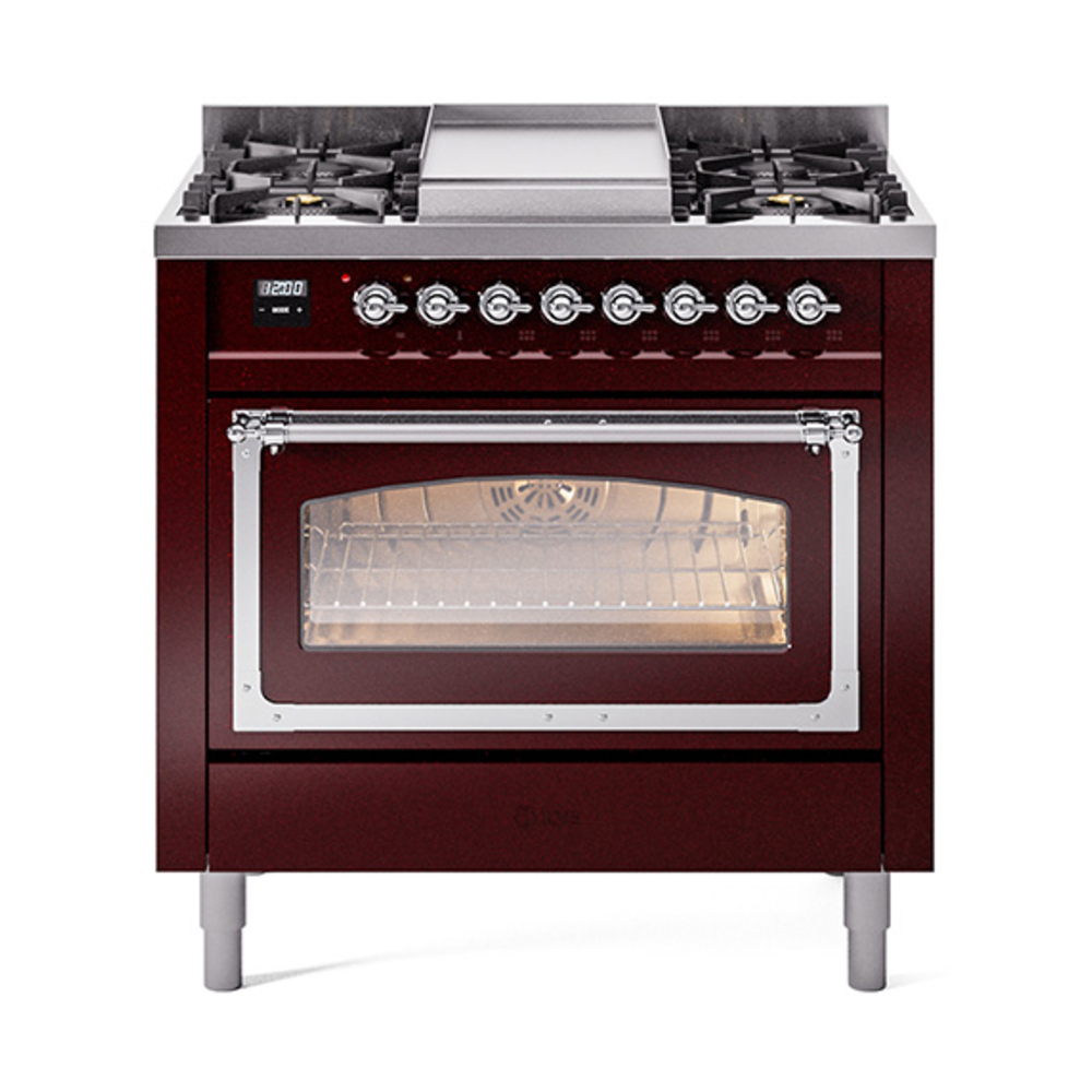 ILVE UN36FNMPBUCLP Nostalgie II Noblesse 36" Dual Fuel Range (Liquid Propane, Triple Glass Door, Burgundy, Chrome)