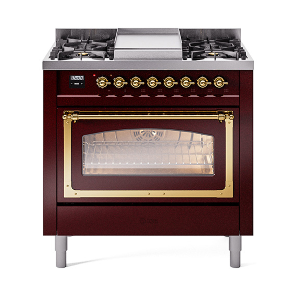 ILVE UN36FNMPBUGLP Nostalgie II Noblesse 36" Dual Fuel Range (Liquid Propane, Triple Glass Door, Burgundy, Brass)