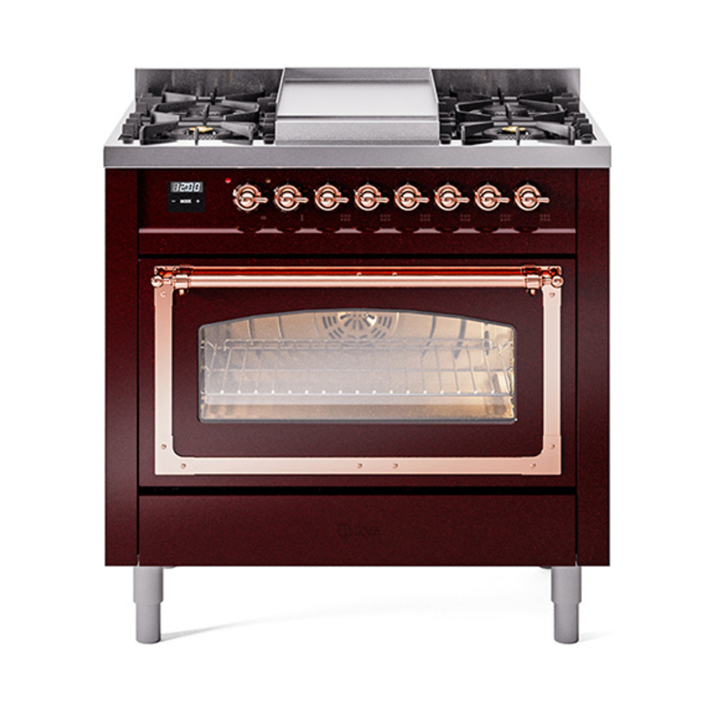 ILVE UN36FNMPBUPLP Nostalgie II Noblesse 36" Dual Fuel Range (Liquid Propane, Triple Glass Door, Burgundy, Copper)