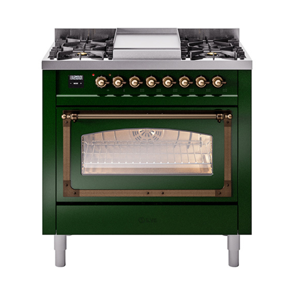 ILVE UN36FNMPEGBLP Nostalgie II Noblesse 36" Dual Fuel Range (Liquid Propane, Triple Glass Door, Emerald Green, Burnished)