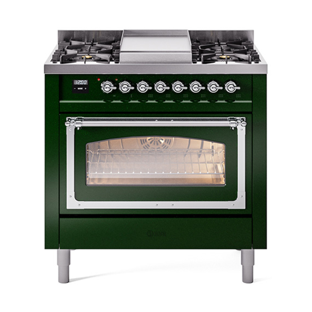 ILVE UN36FNMPEGCLP Nostalgie II Noblesse 36" Dual Fuel Range (Liquid Propane, Triple Glass Door, Emerald Green, Chrome)