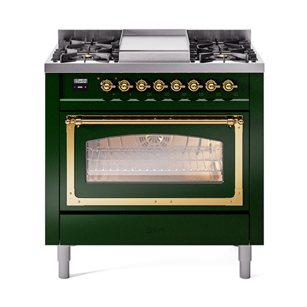 ILVE UN36FNMPEGGLP Nostalgie II Noblesse 36" Dual Fuel Range (Liquid Propane, Triple Glass Door, Emerald Green, Brass)