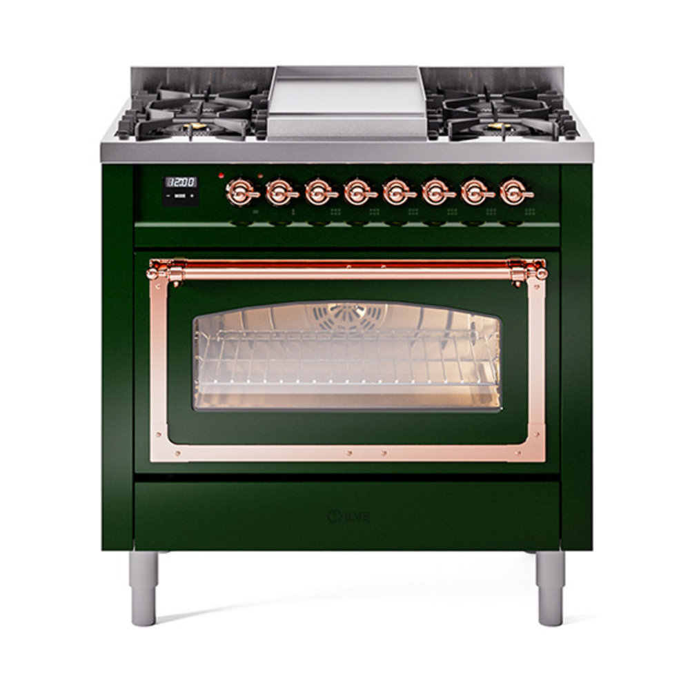 ILVE UN36FNMPEGPLP Nostalgie II Noblesse 36" Dual Fuel Range (Liquid Propane, Triple Glass Door, Emerald Green, Copper)