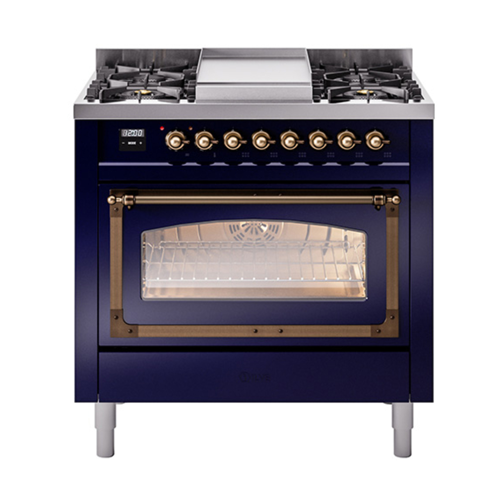 ILVE UN36FNMPMBBLP Nostalgie II Noblesse 36" Dual Fuel Range (Liquid Propane, Triple Glass Door, Midnight Blue, Burnished)